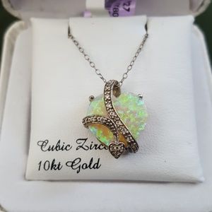 Opal and cubic Zirconia heart pendant necklace